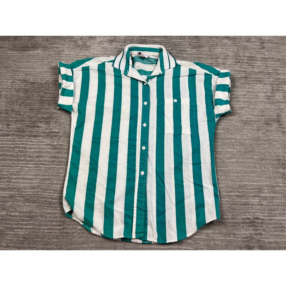 Jessica Scott Sport Shirt Womens S Green White Striped Vintage 80s Cotton Top